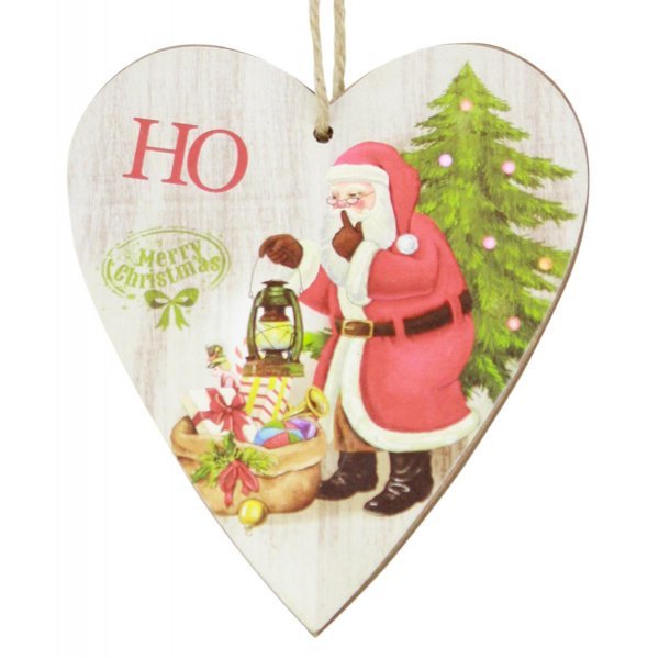 Χριστουγεννιάτικη Κρεμαστή Ξύλινη Καρδιά, με Άγιο Βασίλη και Δώρα (12cm)